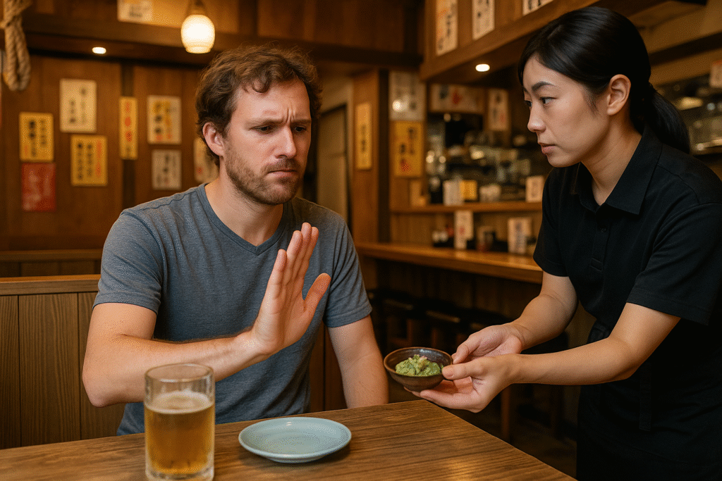 A tourist politely refusing otoshi at a Japanese izakaya.