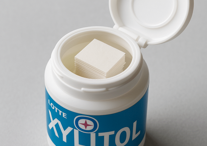 A look inside a Japanese gum bottle — those small square papers aren’t notes, but disposal sheets for wrapping used gum.