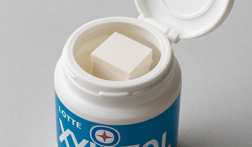 A look inside a Japanese gum bottle — those small square papers aren’t notes, but disposal sheets for wrapping used gum.