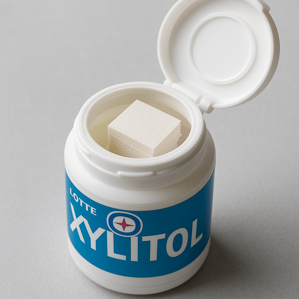 A look inside a Japanese gum bottle — those small square papers aren’t notes, but disposal sheets for wrapping used gum.